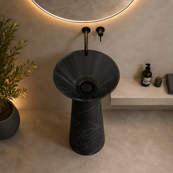 Resin Pedestal Wash Basin,size-19.5x19.5x36 Inch Black Marquina