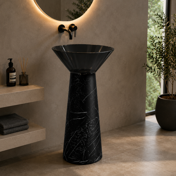 Resin Pedestal Wash Basin,size-19.5x19.5x36 Inch Black Marquina