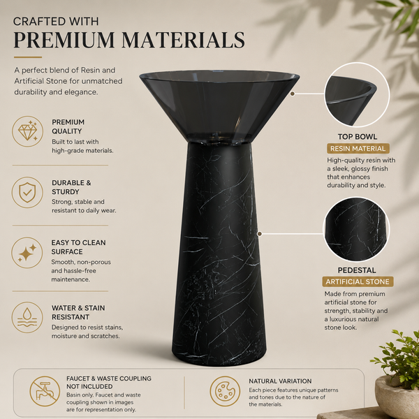 Resin Pedestal Wash Basin,size-19.5x19.5x36 Inch Black Marquina