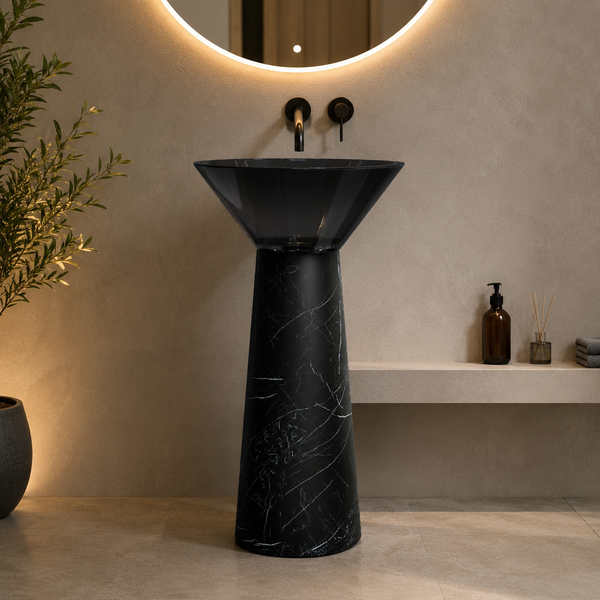 Resin Pedestal Wash Basin,size-19.5x19.5x36 Inch Black Marquina