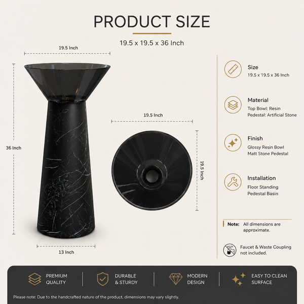 Resin Pedestal Wash Basin,size-19.5x19.5x36 Inch Black Marquina