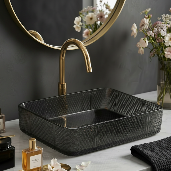 Bassino Modern Transparent Glass Wash Basin | Stylish Countertop Wash Basin for Bathroom–460x320x105 mm Black