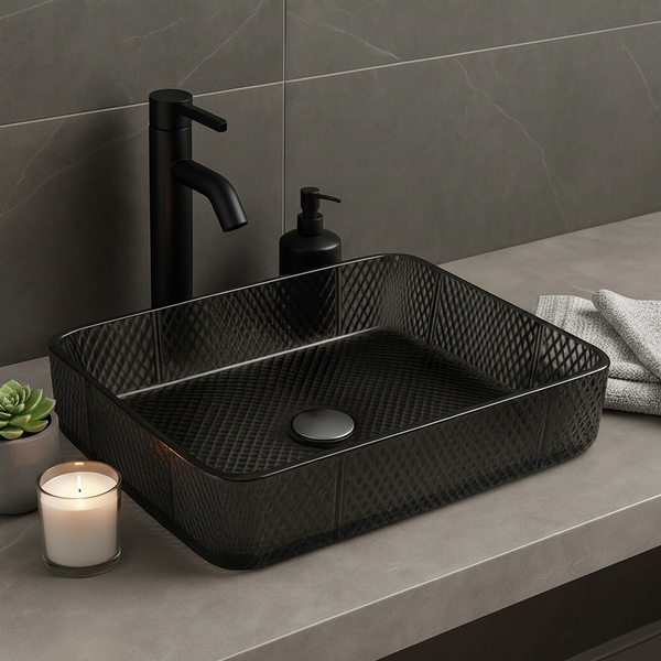 Bassino Modern Transparent Glass Wash Basin | Stylish Countertop Wash Basin for Bathroom–460x320x105 mm Black