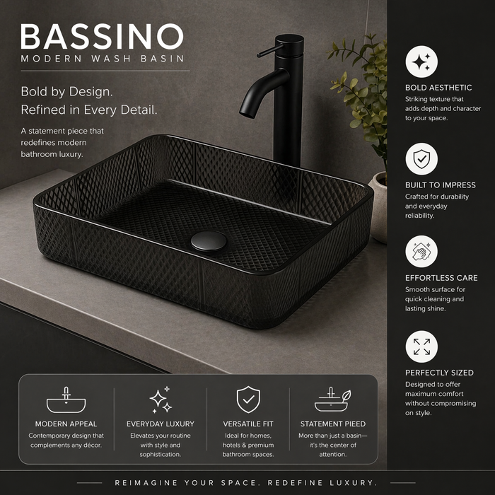 Black Rectangle Transparent Glass Wash Basin