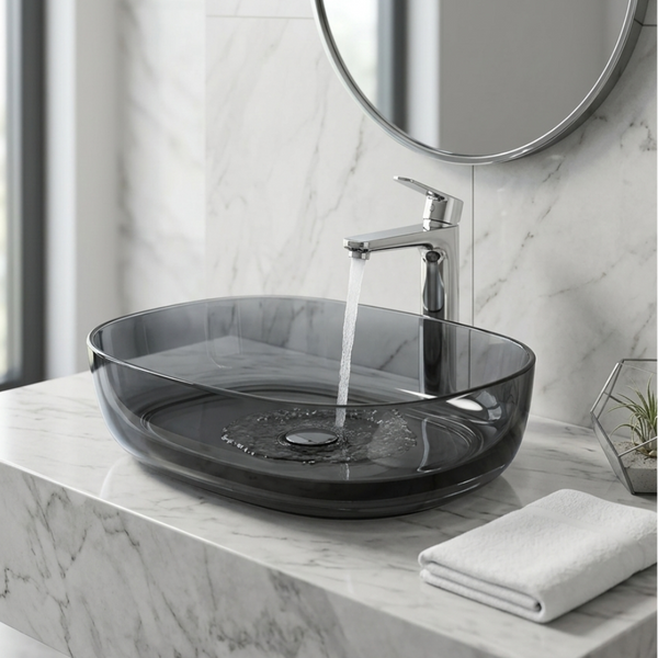Bassino Modern Transparent Resin Wash Basin | Stylish Countertop Wash Basin for Bathroom–550x400x150 mm SMOKE BLACK