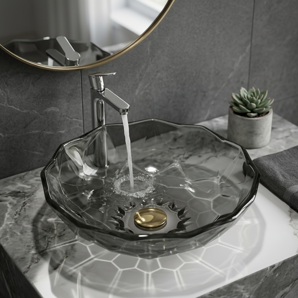 Bassino Modern Transparent Glass Wash Basin | Stylish Countertop Wash Basin for Bathroom–445x445x122 mm Black
