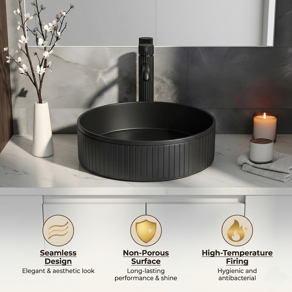 Bassino Modern Stainless Steel Wash Basin | Stylish Countertop Wash Basin for Bathroom–400x400x130 mm Black