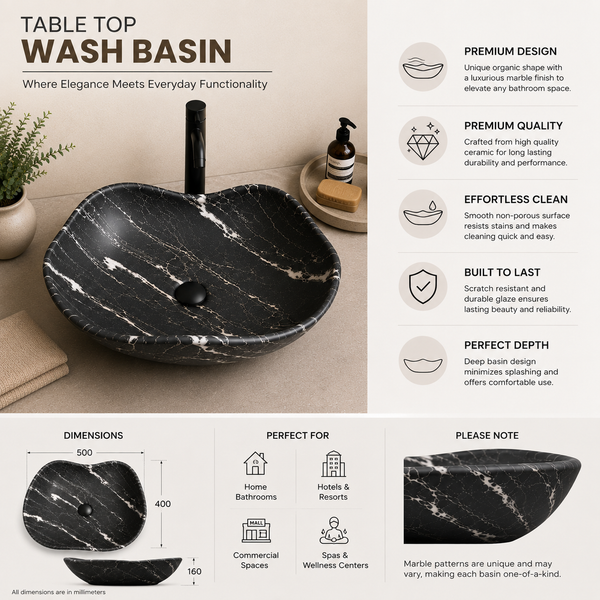 Premium Designer Ceramic Table Top Wash Basin, Matt Marble Finish (20 x 16 x 6.5 In) Black