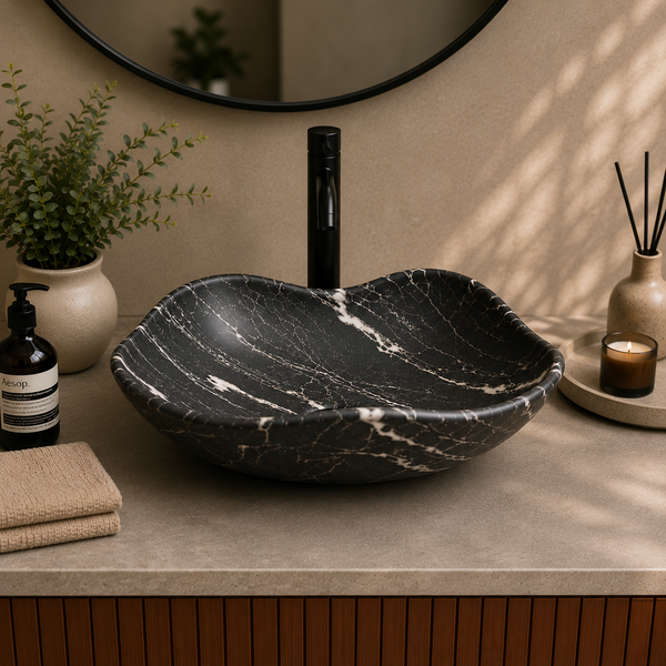 Premium Designer Ceramic Table Top Wash Basin, Matt Marble Finish (20 x 16 x 6.5 In) Black