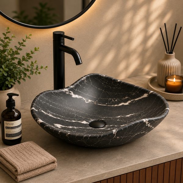 Premium Designer Ceramic Table Top Wash Basin, Matt Marble Finish (20 x 16 x 6.5 In) Black