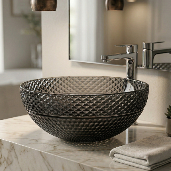 Bassino Modern Transparent Glass Wash Basin | Stylish Countertop Wash Basin for Bathroom–395x395x160 mm Black