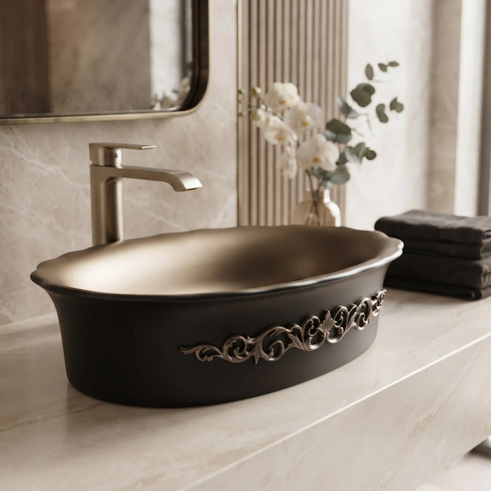 Black and champagne gold royal floral oval table top wash basin 580x370x150 mm featuring matte black exterior, metallic gold interior, antique gold ornamental scrollwork and scalloped rim for luxury bathroom countertops.
