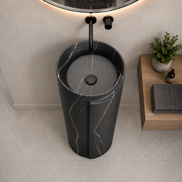Black & Rose Gold Marble Ceramic Pedestal Wash Basin – 16 × 16 × 34 Inch | Freestanding Basin