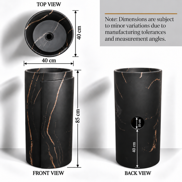 Black & Rose Gold Marble Ceramic Pedestal Wash Basin – 16 × 16 × 34 Inch | Freestanding Basin