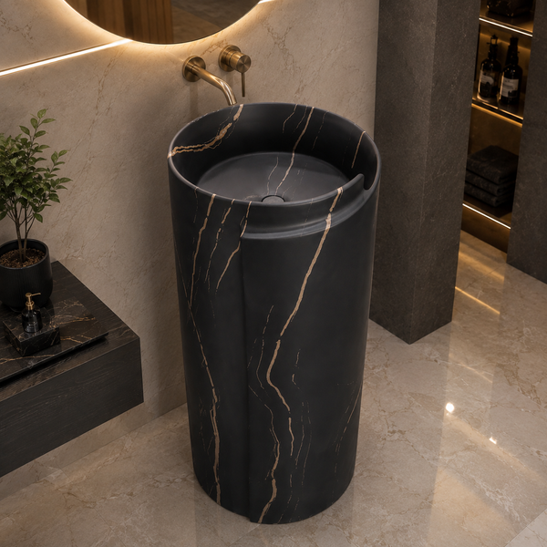 Black & Rose Gold Marble Ceramic Pedestal Wash Basin – 16 × 16 × 34 Inch | Freestanding Basin