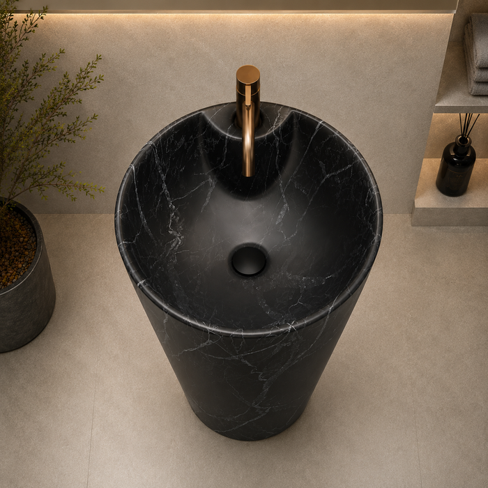 Black marble-effect ceramic pedestal wash basin with tapered freestanding design, integrated bowl and 390 × 390 × 820 mm size for modern luxury bathrooms.
