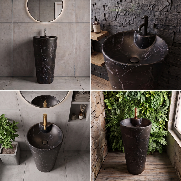 Black marble-effect ceramic pedestal wash basin with tapered freestanding design, integrated bowl and 390 × 390 × 820 mm size for modern luxury bathrooms.