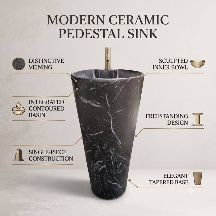 Black marble-effect ceramic pedestal wash basin with tapered freestanding design, integrated bowl and 390 × 390 × 820 mm size for modern luxury bathrooms.