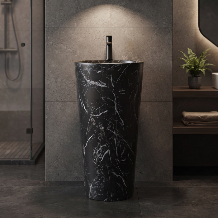 Black marble-effect ceramic pedestal wash basin with tapered freestanding design, integrated bowl and 390 × 390 × 820 mm size for modern luxury bathrooms.