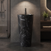Black marble-effect ceramic pedestal wash basin with tapered freestanding design, integrated bowl and 390 × 390 × 820 mm size for modern luxury bathrooms.