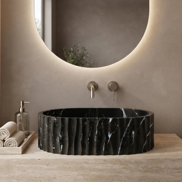 Black Marble Finish Fluted Oval Table Top Wash Basin – 20 × 14 × 5.5 Inch