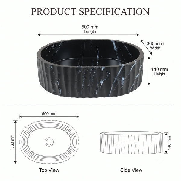 Black Marble Finish Fluted Oval Table Top Wash Basin – 20 × 14 × 5.5 Inch