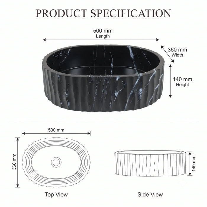 Black marble finish oval table top wash basin with white veining, sculpted vertical fluted exterior and 20 inch countertop design for modern luxury bathrooms.