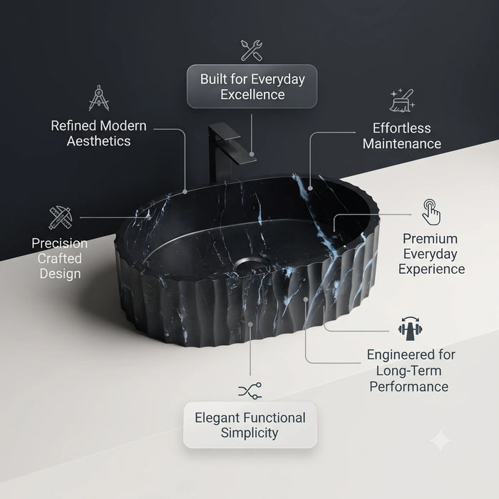 Black marble finish oval table top wash basin with white veining, sculpted vertical fluted exterior and 20 inch countertop design for modern luxury bathrooms.