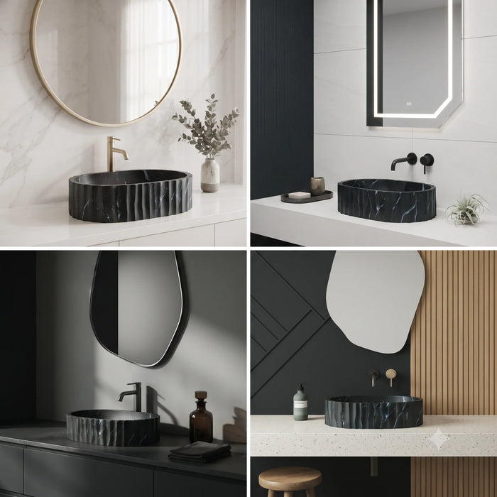 Black marble finish oval table top wash basin with white veining, sculpted vertical fluted exterior and 20 inch countertop design for modern luxury bathrooms.
