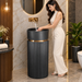 Black matte artificial stone freestanding pedestal wash basin with fluted cylindrical design and gold accent, 400×400×860 mm luxury bathroom sink.
