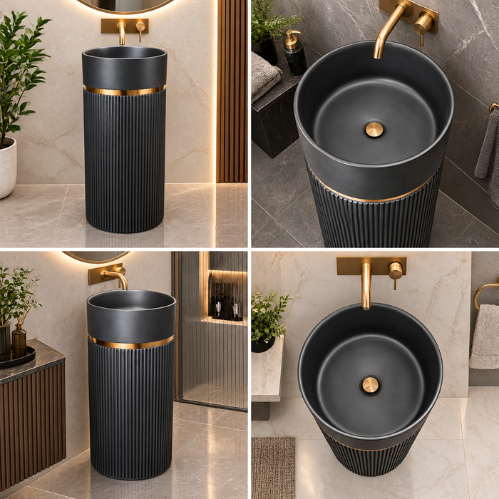 Black matte artificial stone freestanding pedestal wash basin with fluted cylindrical design and gold accent, 400×400×860 mm luxury bathroom sink.