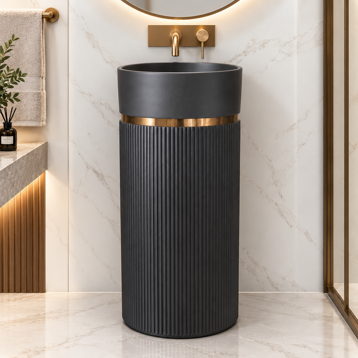 Black matte artificial stone freestanding pedestal wash basin with fluted cylindrical design and gold accent, 400×400×860 mm luxury bathroom sink.