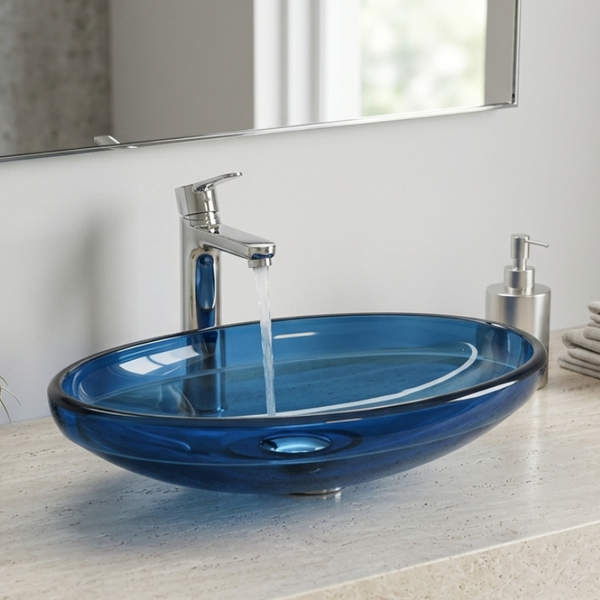 Bassino Modern Transparent Resin Wash Basin | Stylish Countertop Wash Basin for Bathroom –600x400x120 mm Blue