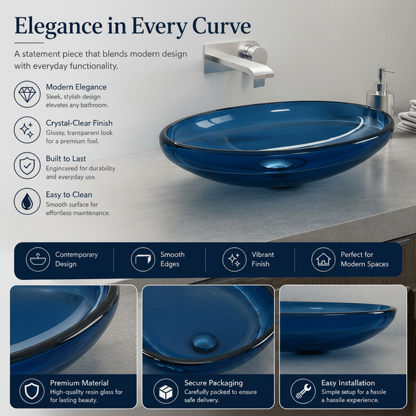 Bassino Modern Transparent Resin Wash Basin | Stylish Countertop Wash Basin for Bathroom –600x400x120 mm Blue