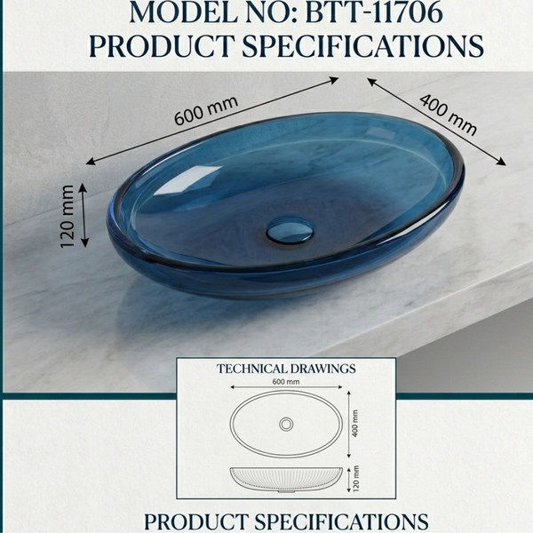 Bassino Modern Transparent Resin Wash Basin | Stylish Countertop Wash Basin for Bathroom –600x400x120 mm Blue