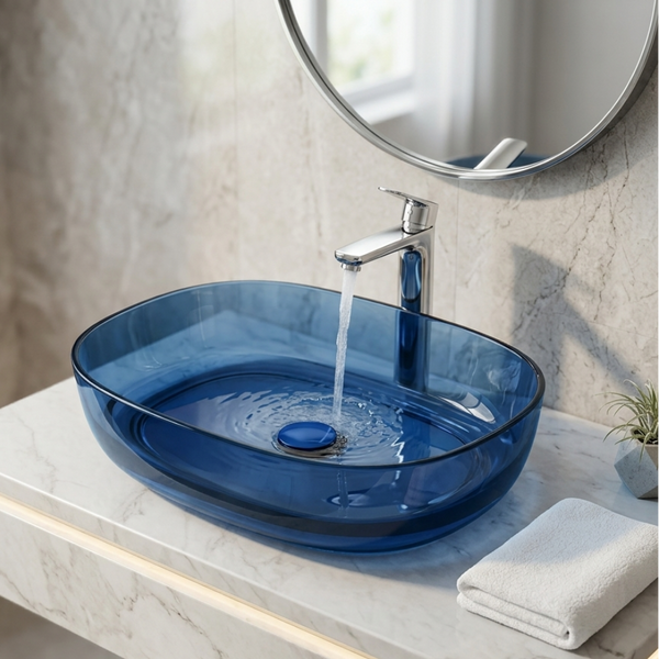Bassino Modern Transparent Resin Wash Basin | Stylish Countertop Wash Basin for Bathroom–550x400x150 mm ROYAL BLUE