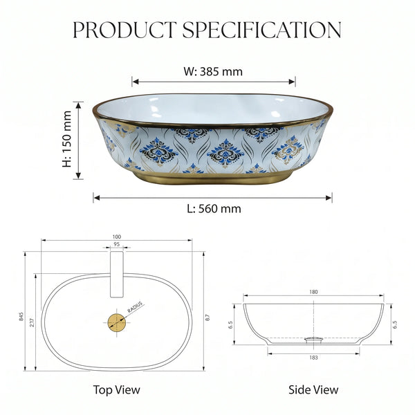 Blue & Gold Floral Design Oval Table Top Wash Basin – 22 × 15 × 6 Inch | Luxury Designer Countertop Basin