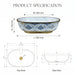 Blue and gold floral design oval table top wash basin 560x385x150 mm featuring glossy white interior, intricate ornamental blue patterns, elegant gold rim and base accents, luxury designer countertop bathroom sink.