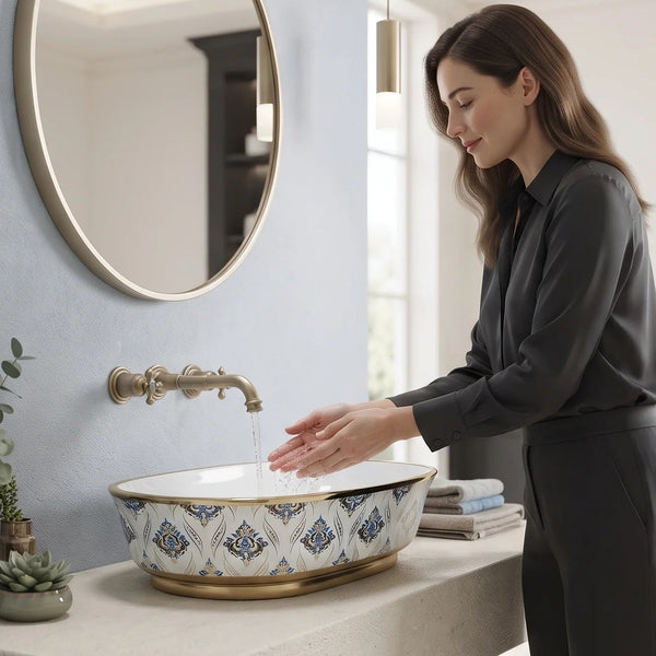 Blue & Gold Floral Design Oval Table Top Wash Basin – 22 × 15 × 6 Inch | Luxury Designer Countertop Basin