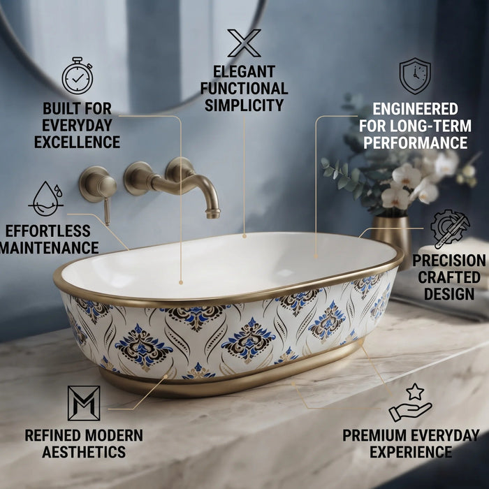 Blue and gold floral design oval table top wash basin 560x385x150 mm featuring glossy white interior, intricate ornamental blue patterns, elegant gold rim and base accents, luxury designer countertop bathroom sink.