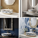 Blue and gold floral design oval table top wash basin 560x385x150 mm featuring glossy white interior, intricate ornamental blue patterns, elegant gold rim and base accents, luxury designer countertop bathroom sink.