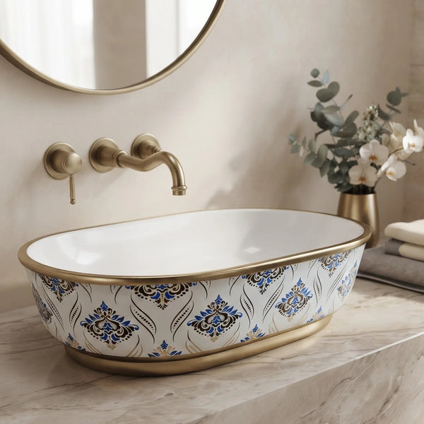 Blue & Gold Floral Design Oval Table Top Wash Basin – 22 × 15 × 6 Inch | Luxury Designer Countertop Basin
