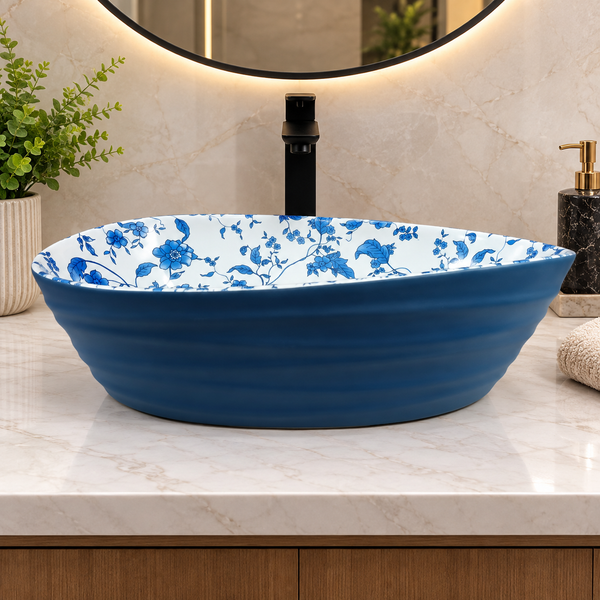 Blue Floral Ceramic Table Top Wash Basin – 22 × 14 × 7 Inch | Glossy Designer Countertop Basin