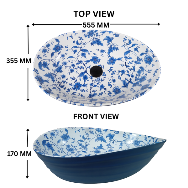 Blue Floral Ceramic Table Top Wash Basin – 22 × 14 × 7 Inch | Glossy Designer Countertop Basin
