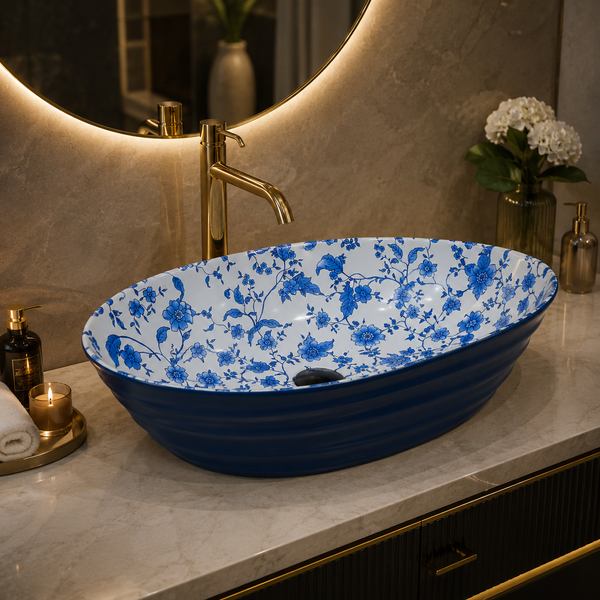 Blue Floral Ceramic Table Top Wash Basin – 22 × 14 × 7 Inch | Glossy Designer Countertop Basin