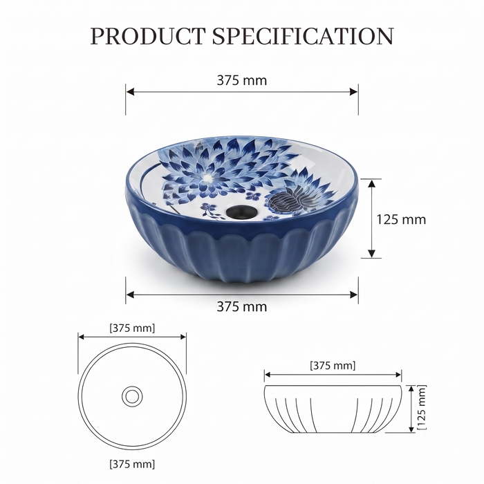 Blue and white floral round ceramic table top wash basin 375x375x125 mm with matte finish and sculpted fluted exterior design.
