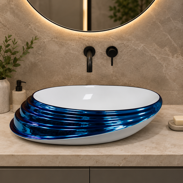 Blue & White Designer Ceramic Table Top Wash Basin – 21 × 15 × 6 Inch | Glossy Oval Countertop Basin