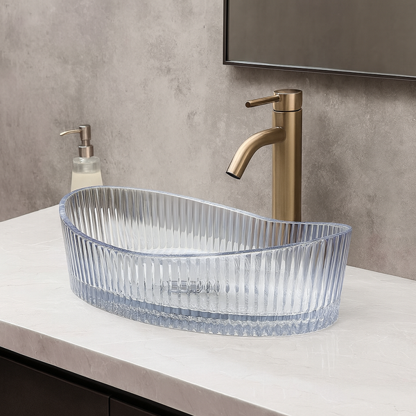 Bassino Modern Transparent Glass Wash Basin | Stylish Countertop Wash Basin for Bathroom–525x350x155 mm Clear