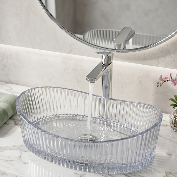 Bassino Modern Transparent Glass Wash Basin | Stylish Countertop Wash Basin for Bathroom–525x350x155 mm Clear