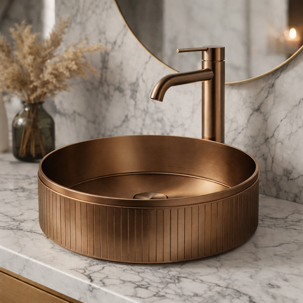 Bassino Modern Stainless Steel Wash Basin | Stylish Countertop Wash Basin for Bathroom–400x400x130 mm Bronze